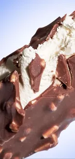 Close-up of a chocolate-covered ice cream bar with crunchy texture.