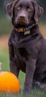 Chocolate Labrador with pumpkin in nature setting.