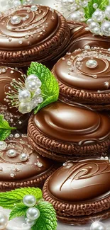 Close-up of decorative chocolate macarons with mint and pearls.