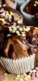 Chocolate muffins with sprinkles close-up.