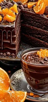 Decadent chocolate cake with orange decor and a matching cup of indulgence.