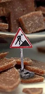 Miniature road work sign with chocolate pieces