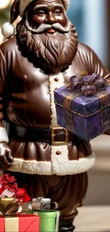 Chocolate Santa holding a gift box with colorful presents.