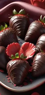 Plate of chocolate-dipped strawberries with vibrant petals.