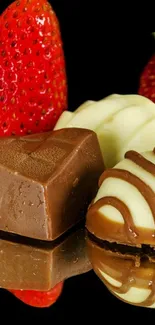 Chocolate truffles and strawberries on a glossy black background.