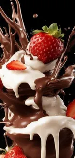 Rich chocolate and strawberries create a luscious splash on a dark background.