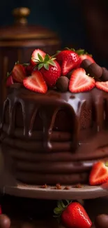 Decadent chocolate cake with strawberries on top, perfect for dessert wallpaper.