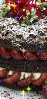 Chocolate cake topped with fresh strawberries, perfect for dessert lovers.
