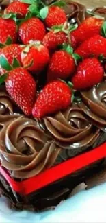 Heart-shaped chocolate cake with strawberries.