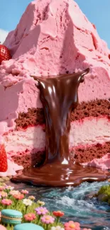 Fantasy cake with chocolate and strawberries.