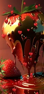 Chocolate-covered strawberry with red hearts.