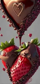 Chocolate-covered strawberries in heart shapes with intricate decorations.