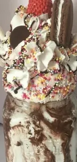 Extravagant chocolate sundae with cream and sprinkles on a mobile wallpaper.