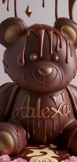 Chocolate teddy bear with intricate design and dripping effect.