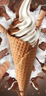 Chocolate vanilla ice cream cone with dynamic splash design.