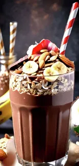 Chocolate smoothie with banana and almond toppings in a glass.