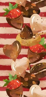 Chocolate covered strawberries and hearts on a striped background.