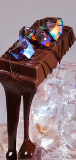 Melting chocolate bar with gems on ice sculpture.