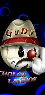 Cartoon character with Cholos Latinos style hat and mustache