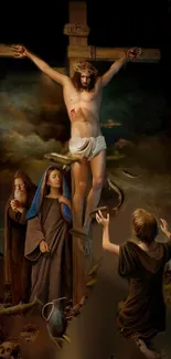 Artistic depiction of Jesus Christ on the cross with onlookers in a dark background.