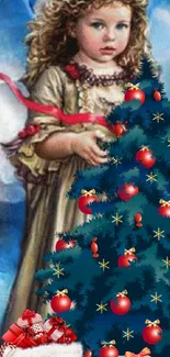 Festive wallpaper featuring an angel beside a decorated Christmas tree.