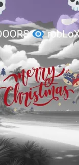 Merry Christmas wallpaper with beach scene, palm trees, and festive ornaments.