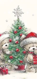 Two teddy bears in Santa hats beside a Christmas tree.