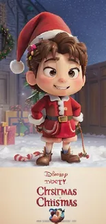 Cheerful cartoon character in Santa suit with Christmas gifts.