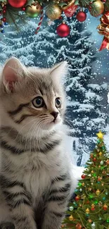 Cute kitten by a snowy window with a Christmas tree.