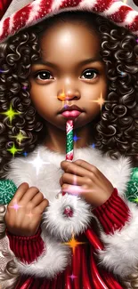 Curly-haired child in red holding a candy cane with festive decorations.