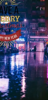 Colorful Christmas city night with neon reflections and festive message.