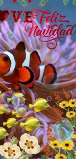 Clownfish amid festive Christmas design with flowers and coral.