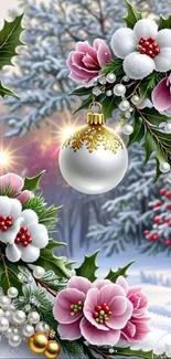 Festive floral winter wallpaper with ornaments