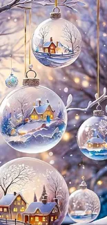 Festive winter ornaments with snowy cottages and glowing lights on branches.