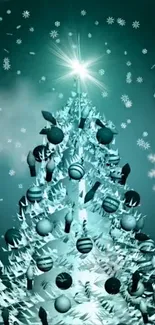 Sparkling Christmas tree with snowflakes on teal background.