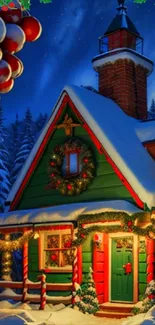 Cozy winter cabin in snow with holiday decorations at night.