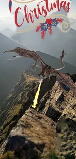 Dragon flying over mountains with Christmas text.