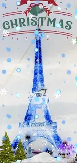 Eiffel Tower decorated for Christmas with festive trees and snowflakes.