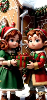 Charming cartoon elves exchanging Christmas gifts in a festive, snowy setting.