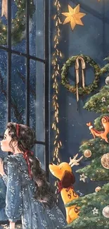 Girl and dog by a decorated window, with Christmas tree and stars.