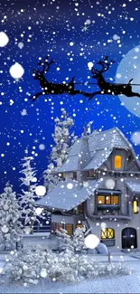 Christmas wallpaper with snowy house and Santa's sleigh in night sky.