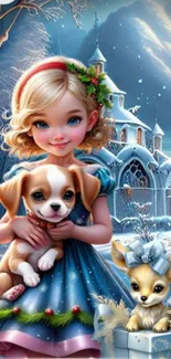 Christmas fantasy wallpaper with girl and puppy in snowy scene.