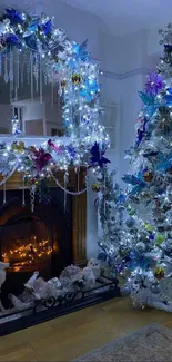 Cozy fireplace and decorated Christmas tree glowing warmly in a festive display.