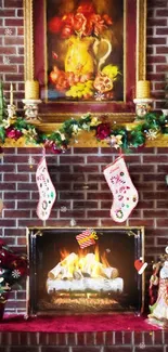 Cozy Christmas fireplace with stockings and festive holiday decorations.