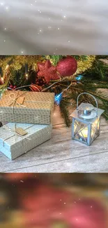 Christmas gifts and lit lantern under holiday tree.