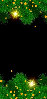 Festive wallpaper with green pine leaves and glowing yellow lights.