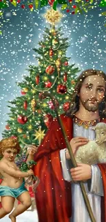 Christmas scene with Jesus, angel, and decorated tree.