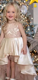 Joyful girl in festive dress with Christmas tree background.