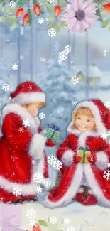 Children in Santa outfits with gifts in snowy setting.