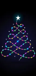 Colorful Christmas lights forming a tree shape on a dark background.